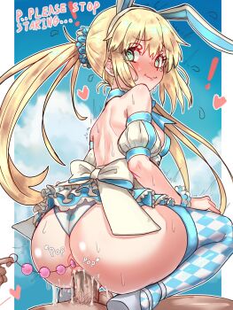 ! 1boy 1girl @_@ absurdres anal anal_beads anal_object_insertion animal_ears artoria_caster_(fate) artoria_caster_(swimsuit_berserker)_(second_ascension)_(fate) artoria_pendragon_(fate) ass bad_link bare_shoulders blonde_hair blue_dress blue_sky blue_thighhighs blurry blurry_background blush breasts checkered_thighhighs closed_mouth clothed_sex cloud cum cum_in_pussy cum_overflow detached_sleeves dress ebora embarrassed english_text fake_animal_ears fate/grand_order fate_(series) girl_on_top green_eyes hair_ornament hair_scrunchie heart hetero highres long_hair looking_back male_pubic_hair nervous_smile nervous_sweating object_insertion penis pubic_hair pussy rabbit_ears reverse_cowgirl_position scrunchie sex sex_toy sex_toy_pull short_sleeves sky sleeveless sleeveless_dress small_breasts smile solo_focus squatting_cowgirl_position straddling sweat thighhighs thighs twintails two-tone_thighhighs uncensored vaginal wavy_mouth white_sleeves