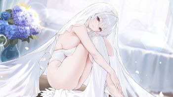 1girl ass azur_lane breasts bridal_veil curtains flower game_asset grey_hair hair_between_eyes hand_on_own_leg handsfree_breast_squeeze high_heels highleg highleg_leotard highres kneepits large_breasts leotard looking_at_viewer medium_hair non-web_source official_alternate_costume official_art plant potted_plant red_eyes sirius_(alba_sirius)_(azur_lane) sirius_(azur_lane) smile squatting strapless strapless_leotard thighs veil white_flower white_leotard window wooden_floor