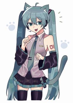 Rule 34 | 1girl, :3, ahoge, animal ears, animal hands, bare shoulders, black skirt, black sleeves, black thighhighs, blue eyes, blue hair, blue necktie, blue tail, cat ears, cat paws, cat tail, collared shirt, commentary, cowboy shot, d2nto, detached sleeves, dot nose, fang, grey shirt, hair between eyes, hands up, hatsune miku, headset, highres, kemonomimi mode, looking at viewer, miniskirt, necktie, number tattoo, paw pose, pleated skirt, shirt, simple background, skin fang, skirt, sleeveless, sleeveless shirt, smile, tail, tattoo, thighhighs, tie clip, twintails, untranslatable commentary, vocaloid, white background, zettai ryouiki