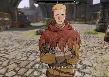 Rule 34 | 1boy, armor, armored gloves, blonde hair, blue eyes, blurry, blurry background, blush, breastplate, cape, commentary, crossed arms, english commentary, english text, hans capon, highres, jacket, kingdom come: deliverance, kingdom come: deliverance ii, looking at viewer, male focus, open mouth, red cape, screenshot background, short hair, solo, teeth, the elder scrolls, the elder scrolls v: skyrim, tworain w, upper body, upper teeth only, yellow jacket