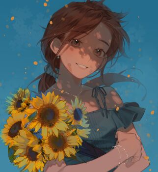 1girl artist_self-insert blue_background blue_scrunchie bouquet bracelet brown_eyes brown_hair commentary earrings english_commentary flower grin highres holding holding_bouquet jewelry jianli looking_at_viewer low_ponytail necklace original ponytail scrunchie simple_background smile solo sunflower upper_body yellow_flower