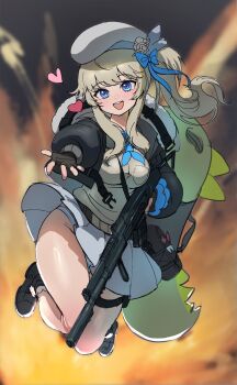 1girl :d bare_arms beret black_gloves blonde_hair blue_bow blue_eyes blue_neckerchief blush bow clothes_lift commentary fingerless_gloves full_body girls'_frontline girls'_frontline_2:_exilium gloves gun hair_between_eyes hair_bow hand_up hat heart highres hip_focus holding holding_gun holding_weapon jumping legs_folded long_hair midair miniskirt mr._pizza_(girls'_frontline_2) neckerchief nizumihd open_mouth panties pleated_skirt reaching reaching_towards_viewer shotgun side_ponytail skirt skirt_lift smile solo striped_clothes striped_panties teeth thighs underwear upper_teeth_only upskirt vepley_(girls'_frontline_2) weapon wind wind_lift