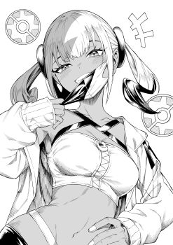 1girl absurdres ayumuhotaka bandeau blush breasts canari_(pokemon) clenched_teeth collarbone dark-skinned_female dark_skin grin hand_on_own_hip highres jacket long_sleeves looking_at_viewer mask mask_pull medium_breasts mouth_mask multicolored_hair navel nintendo pokemon pokemon_legends:_z-a simple_background smile solo teeth twintails two-tone_mask white_background