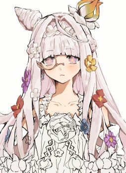 Rule 34 | 1girl, blush, commentary request, cone hair bun, fate/grand order, fate (series), fgo si, flora (fate), flower, flower-shaped pupils, hair bun, hair flower, hair ornament, highres, long hair, looking at viewer, monocle, parted lips, pink eyes, simple background, solo, symbol-shaped pupils, upper body, white background, white hair