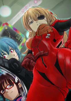 3girls :3 ayanami_rei blue_eyes bodysuit breasts brown_hair cameltoe crotch curvy evangelion:_3.0_you_can_(not)_redo expressionless eyepatch foreshortening hands_on_own_hips highres interface_headset_(evangelion) long_hair looking_at_viewer looking_down low_angle makinami_mari_illustrious mecha_pilot_suit medium_breasts multiple_girls neon_genesis_evangelion perspective plugsuit_(evangelion) rebuild_of_evangelion red_bodysuit red_eyes shiny_clothes short_hair skin_tight skindentation smile souryuu_asuka_langley tsundere view_between_legs wide_hips yunarisa_haruka