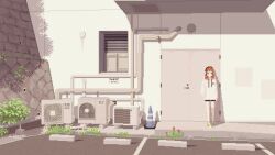 1girl air_conditioner animated blinking building door drawstring hand_in_pocket headphones hood hoodie industrial_pipe jitome kouzou49pixel looping_animation medium_hair orange_hair original outdoors parking_lot pixel_art scenery shadow shoes short_shorts shorts solo standing traffic_cone video weeds white_hoodie wide_shot window