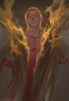 1boy absurdres bird brown_hair collarbone cowboy_shot dark-skinned_male dark_skin detroit:_become_human fire glowing hashtag-only_commentary highres jacket looking_at_viewer male_focus markus_(detroit) muscular muscular_male open_clothes open_jacket outstretched_arms parted_lips peanut9021 pectorals short_hair solo very_short_hair