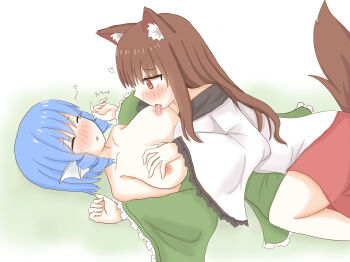 Rule 34 | 2girls, ^^^, animal ear fluff, animal ears, black trim, blue hair, blush, brown hair, closed eyes, collarbone, commentary, dress, drill hair, drill sidelocks, feet out of frame, fins, frilled kimono, frills, from side, grass, green background, green kimono, groping, head fins, heart, highres, imaizumi kagerou, japanese clothes, kimono, kimono partially removed, layered kimono, licking, licking nipple, long hair, long sleeves, lying, mermaid, monster girl, multiple girls, nipple stimulation, nose blush, noutaru (masayaichinl), on back, on person, open mouth, raised inner eyebrows, red dress, red eyes, short hair, sidelocks, simple background, straddling, tail, tongue, tongue out, touhou, two-tone dress, vignetting, wakasagihime, white background, white dress, wide sleeves, wolf ears, wolf girl, wolf tail, yuri