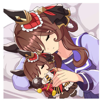 1girl animal_ears border braid braided_hair_rings brown_hair character_doll closed_eyes doll ear_covers gentildonna_(umamusume) hair_rings heart_ear_ornament horse_ears horse_girl horse_tail long_sleeves nieto_tokage open_mouth purple_sailor_collar purple_shirt sailor_collar school_uniform shirt sidelocks sleeping solo tail tracen_school_uniform umamusume white_border