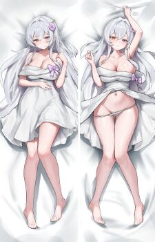 1girl absurdres arm_up armpits bare_legs bare_shoulders barefoot bed_sheet blue_eyes breasts cleavage closed_mouth clothes_lift collarbone commission dakimakura_(medium) dress dress_lift dungeon_and_fighter earrings feet full_body gluteal_fold hair_between_eyes hair_ornament hand_up heterochromia highres jewelry large_breasts lying mole mole_under_eye muhae_(dcnh8882) multiple_views navel off-shoulder_dress off_shoulder on_back original panties panty_pull parted_lips second-party_source stomach strapless strapless_dress string_panties thigh_gap thighs toes underwear white_dress white_panties yellow_eyes