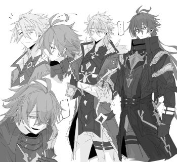 ... 2boys antenna_hair blank_speech_bubble clenched_hand closed_mouth cowboy_shot crossed_arms crossed_bangs empty_eyes eyes_visible_through_hair flins_(genshin_impact) fur-trimmed_vest fur_trim genshin_impact gloves greyscale hair_between_eyes half-closed_eyes highres hki_8b jacket lapels long_hair long_hair_between_eyes long_sleeves looking_at_another looking_to_the_side male_focus monochrome multiple_boys multiple_views notice_lines open_clothes open_jacket open_mouth open_vest scar shirt short_hair shorts simple_background smile speech_bubble spoken_ellipsis standing thigh_strap upper_body varka_(genshin_impact) vest