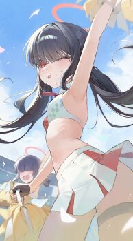 2girls absurdres armpits black_hair blue_archive blue_sky cheerleader halo highres justice_task_force_member_(blue_archive) long_hair may.l multiple_girls navel outdoors pleated_skirt red_eyes red_halo skirt sky sweat sweatdrop twintails white_skirt