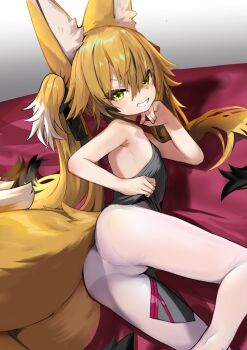 1girl animal_ear_fluff animal_ears bare_shoulders bed black_dress black_ribbon blonde_hair blush dress fox_ears fox_girl fox_tail green_eyes grin hair_ribbon hand_up highres kokonoe_tsubaki loli long_hair looking_at_viewer multicolored_hair multiple_tails on_bed original panties panties_under_pantyhose pantyhose raised_eyebrow ribbon sideless_outfit sleeveless sleeveless_dress smile solo tail two-tone_hair two_tails underwear white_pantyhose yoshizawa_tsubaki