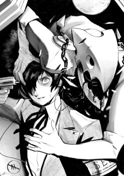 1boy armband chain eightyfourart evoker full_moon gekkoukan_high_school_uniform greyscale hair_over_one_eye hand_on_another&#039;s_chest hashtag-only_commentary highres jacket male_focus monochrome moon neck_ribbon open_clothes open_jacket parted_lips persona persona_(summon) persona_3 pointing pointing_at_self ribbon s.e.e.s school_uniform short_hair solo sweatdrop thanatos_(persona) upper_body yuuki_makoto_(persona_3)