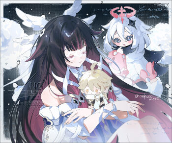 2girls aether_(genshin_impact) black_hair blue_eyes blush closed_eyes closed_mouth colored_inner_hair columbina_(genshin_impact) commentary_request dress feathered_wings fingernails genshin_impact hair_between_eyes hair_ribbon halo head_wings highres long_hair long_sidelocks medium_hair multicolored_hair multiple_girls multiple_wings open_mouth paimon_(genshin_impact) pink_hair ribbon sidelocks smile tanjou twitter_username very_long_hair watermark white_dress white_hair white_ribbon white_wings wings wrist_ribbon