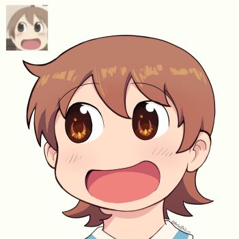 Rule 34 | 1girl, aioi yuuko, anime screenshot inset, boiledpelican, brown eyes, brown hair, commentary, english commentary, highres, nichijou, open mouth, sailor collar, school uniform, short hair, simple background, tokisadame school uniform, twitter username, watermark, white background, white sailor collar