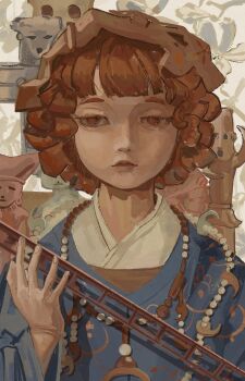 Rule 34 | 1other, adapted costume, androgynous, bead necklace, beads, blue kimono, blunt bangs, brown helmet, curly hair, expressionless, fingernails, floral background, flower, half-closed eyes, haniwa (statue), hatsburg, helmet, highres, holding, holding sword, holding weapon, japanese clothes, jewelry, katano sukune, kimono, layered kimono, len'en, long sleeves, looking ahead, magatama, magatama necklace, necklace, other focus, print kimono, realistic, red eyes, red hair, short hair, solo, straight-on, sword, sword of kusanagi, tasouken, thick eyebrows, upper body, weapon, white background, white flower, white kimono, wide sleeves