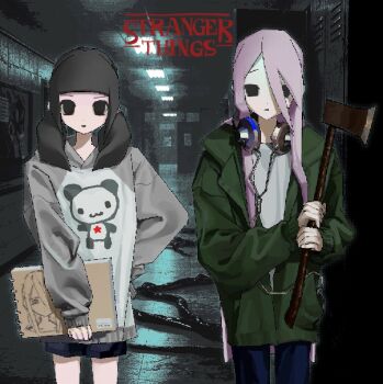 Rule 34 | 1boy, 1girl, animal print, axe, beanie, bear print, black eyes, black hair, blue shorts, blunt bangs, ceiling light, closed mouth, commentary, copyright name, cowboy shot, denim, empty eyes, english text, fluorescent lamp, green jacket, grey hoodie, hair between eyes, hallway, hand on own hip, hat, headphones, headphones around neck, highres, holding, holding axe, holding weapon, hood, hood down, hooded jacket, hoodie, indoors, jacket, jeans, long hair, long sleeves, looking at viewer, multiple girls, open clothes, open jacket, original, panda print, pants, parody, photo background, pink hair, print hoodie, shirt, shorts, sketchbook, sleeves past wrists, standing, star (symbol), stranger things, susushi 11, trap, twintails, weapon