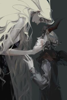 Rule 34 | 1boy, 1girl, 2652893384, absurdres, black dress, blonde hair, blush stickers, couple, demon boy, demon girl, dress, expressionless, hair slicked back, hazbin hotel, hellaverse, hetero, highres, husband and wife, lilith (hazbin hotel), long hair, looking at another, lucifer morningstar (hazbin hotel), very long hair