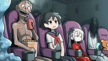 Rule 34 | 1boy, 3girls, black hair, closed eyes, commentary request, drinking straw, food, hair over face, halo, highres, indoors, long hair, movie theater, multiple girls, original, ponytail, popcorn, school uniform, serafuku, sitting, stuffed animal, stuffed toy, takurada, teddy bear, the ring, white hair, yamamura sadako, zombie