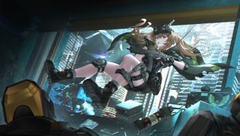 Rule 34 | 1girl, 2others, black cape, black footwear, black gloves, black shorts, boots, broken glass, broken window, brown eyes, brown hair, cape, carabiner, cityscape, clenched teeth, commission, explosive, fingerless gloves, flashbang, full body, girls' frontline, girls' frontline 2: exilium, glass, gloves, grenade, grenade pin in mouth, grey socks, gun, highres, holding, holding grenade, holding gun, holding weapon, knee pads, lan liyu renzi, lenna (girls' frontline 2), looking at viewer, multiple others, parted lips, rope, second-party source, shorts, single knee pad, socks, teeth, trigger discipline, twintails, ump9 (girls' frontline), weapon