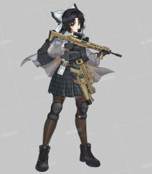 Rule 34 | 1girl, absurdres, artist name, assault rifle, black gloves, black hair, black pantyhose, black skirt, bow, chest rig, expressionless, gloves, grey background, grey jacket, gun, hair bow, highres, huihuang rongyao, id card, jacket, japanese clothes, knee pads, looking at viewer, magazine (weapon), miko, original, pantyhose, plaid, plaid skirt, rifle, school uniform, short hair, skirt, solo, tactical clothes, vertical foregrip, weapon, weapon request, white bow, yellow eyes