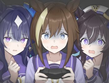 :3 animal_ears beret blue_eyes blue_ribbon blush breasts brown_hair cheval_grand_(umamusume) commentary_request controller ear_covers ears_through_headwear game_controller hair_between_eyes hair_ornament hat hat_belt holding holding_controller holding_game_controller horse_ears horse_girl joystick long_hair looking_at_viewer mole mole_under_eye multicolored_hair multiple_girls nanasedayoxd open_mouth purple_eyes purple_serafuku ribbon school_uniform serafuku siblings single_ear_cover sisters streaked_hair tracen_school_uniform twintails umamusume v_sisters verxina_(umamusume) vivlos_(umamusume) white_hat