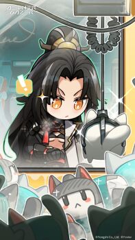 ! 1girl aether_gazer artist_request black_gloves black_hair breasts chibi closed_mouth commentary copyright_name copyright_notice crane_game english_commentary gloves grey_hair highres long_hair lu_wu_(aether_gazer) multicolored_hair orange_eyes ponytail sparkle spoken_exclamation_mark streaked_hair tassel