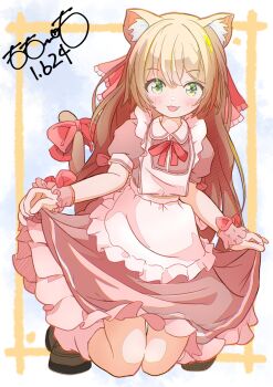 1girl :d animal_ear_fluff animal_ears apron artist_name blush border bow brown_dress brown_hair brown_shoes cat_ears cat_girl cat_tail collared_dress curtsey dot_nose double-parted_bangs dress fang frilled_apron frilled_armlet frills green_eyes hair_between_eyes hair_bow highres kneeling long_hair looking_at_viewer open_mouth original outside_border pink_socks puffy_short_sleeves puffy_sleeves red_bow shoes short_sleeves sidelocks signature simple_background skirt_hold smile socks solo tail thighs totomoto tube_socks white_apron yellow_border