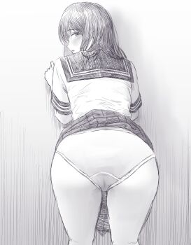 1girl absurdres ass ass_focus blush clothes_lift from_behind greyscale hand_on_wall highres long_hair looking_at_viewer looking_back monochrome original panties parted_lips raisu_rice school_uniform serafuku sketch skirt skirt_lift solo standing underwear