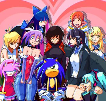 Rule 34 | 1boy, 6+girls, amy rose, annoyed, black hair, blonde hair, breasts, cleavage, closed eyes, covered erect nipples, crossover, darkstalkers, demon girl, dress, ellen joe, fingerless gloves, genshin impact, gloves, green eyes, green hair, hairband, half-closed eyes, hand on own face, hands on own legs, hands on own thighs, happy, hatsune miku, headphones, heart, heart-shaped pupils, highres, hood, hoodie, jealous, kneeling, konami, large breasts, leaning forward, leotard, lilith (darkstalkers), long hair, lumine (genshin impact), lying, multicolored hair, multiple girls, necktie, on stomach, open clothes, open hoodie, open mouth, orange hair, panty &amp; stocking with garterbelt, pink hair, pout, princess elise the third, project diva (series), purple hair, red eyes, ruby rose, rwby, school uniform, sega, sharp teeth, short hair, silent hill (series), sitting, skirt, small breasts, smile, sonic (series), sonic the hedgehog, stocking (psg), symbol-shaped pupils, teeth, thick thighs, thighs, tongue, twintails, two-tone hair, vocaloid