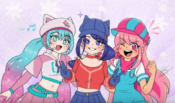 3girls :d alternate_costume animal_hat aqua_eyes blue_eyes blue_overalls blue_skirt blush blush_stickers cat_hat chris-thekid cappie_(miside) crop_top crossover double_v fortnite giffany gradient_hair gravity_falls hat hatsune_miku headphones looking_at_viewer miside mita_(miside) multicolored_hair multiple_girls navel neko_hatsune_miku one_eye_closed open_mouth overalls pink_eyes pink_hair pink_skirt purple_background skirt smile star_(symbol) star_symbol_background trait_connection v v-shaped_eyebrows vocaloid