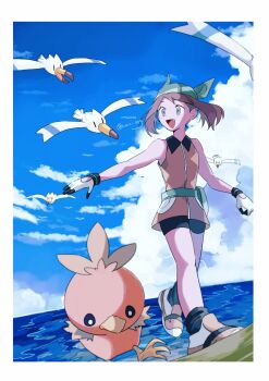 1girl :d bandana bike_shorts black_legwear border brown_hair cloud collared_dress commentary_request day dress eyelashes fang gen_3_pokemon gloves green_bandana grey_eyes happy highres knees may_(pokemon) may_(pokemon_emerald) momotose_(hzuu_xh4) nintendo open_mouth orange_dress outdoors pokemon pokemon_(creature) pokemon_emerald pokemon_rse shoes sky sleeveless sleeveless_dress smile socks standing tongue torchic twitter_username water white_border white_gloves wingull