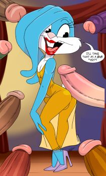 aeolus blue_fur buck_teeth bulge buster_bunny crossdressing crossdressing_(mtf) disembodied_penis dress erection erection_under_clothes gold_dress high_heels highres imminent_penetration lipstick makeup multiple_penises penis rabbit_ears size_difference speech_bubble teeth third-party_edit tiny_toon_adventures yaoi