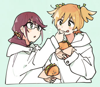 :o :q bell black-framed_eyewear blonde_hair blush_stickers burger cetacea_kw cleaning commentary_request cropped_torso daiba_nana dot_nose face-to-face flipped_bangs food food_bite food_on_face glasses green_background green_eyes green_ribbon hair_bell hair_between_eyes hair_ornament hair_over_shoulder hand_on_another&#039;s_face hand_up highres holding holding_burger holding_food hood hood_down hoodie hoshimi_junna long_hair long_sleeves looking_at_another low_side_ponytail no_nose notice_lines parted_lips purple_hair ribbon short_hair shoujo_kageki_revue_starlight sidelocks simple_background sleeves_past_wrists tongue tongue_out wavy_mouth white_hoodie