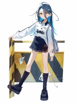 Rule 34 | 1girl, absurdres, ahoge, asymmetrical bangs, black hair, black shoes, black skirt, black socks, clothes writing, colored inner hair, commentary request, earphones, firehippo, full body, gangzi (vtuber), glasses, hair between eyes, hair ornament, highres, holding, holding earphones, jewelry, korean commentary, long bangs, long sleeves, looking at viewer, miniskirt, multicolored hair, necklace, parted lips, print shirt, round eyewear, shirt, shirt tucked in, shoes, skirt, sneakers, socks, solo, standing, stellive, virtual youtuber, white shirt, x hair ornament, yellow eyes