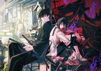 1boy 1other absurdres ahoge androgynous architecture back-to-back black_hair black_hakama blood blood_on_clothes blood_on_face blood_on_hands blue_eyes blue_kimono braid braided_ponytail command_spell east_asian_architecture fate/grand_order fate/samurai_remnant fate_(series) fire flower hakama highres japanese_clothes katana kimono ming_yue_zz miyamoto_iori_(fate) orange_eyes outdoors purple_fire road ruins sidelocks single_braid sitting split_screen street sword topknot weapon white_kimono yamato_takeru_(fate)