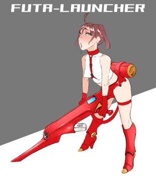 1futa 2021 ahegao ahoge beam_cannon blue_eyes blush brown_hair drooling english_text futanari gloves highres machine original phallic_symbol red_gloves saliva saliva_trail short_twintails simple_background sketch solo strap twintails wana_b weapon
