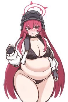 Rule 34 | 1girl, bikini, black bikini, black gloves, blue archive, blush, breasts, cleavage, clenched teeth, cropped jacket, fat, fat rolls, fat woman, fingerless gloves, gloves, halo, jacket, long hair, mask, mask on head, open clothes, open jacket, plump, rabu (blue archive), red eyes, red hair, small breasts, solo, standing, swimsuit, teeth, thick thighs, thighs, wawawaltz, welding mask, white background, white jacket, wide hips