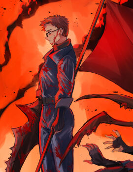 1boy 5others arthropod_limbs banner belt black-framed_eyewear black-framed_glasses black_belt black_gloves black_shirt blood blood_on_clothes blood_on_face blood_on_hands blood_splatter blood_stain blue_jacket blue_pants brown_hair buckle burning closed_mouth corpse dark_persona expressionless feet_out_of_frame fingerless_gloves fire flag from_side glasses gloves gregor_(project_moon) guro half-closed_eyes highres holding holding_flag jacket jitome kikkoinu limbus_company long_sleeves looking_ahead male_focus military military_uniform multiple_others orange_background out_of_frame outdoors pants partially_fingerless_gloves profile project_moon reaching red_background red_sky sanpaku semi-rimless_eyewear shirt short_hair simple_background sky sleeves_rolled_up smoke solo_focus spiked_hair spikes standing under-rim_eyewear very_short_hair war yellow_eyes