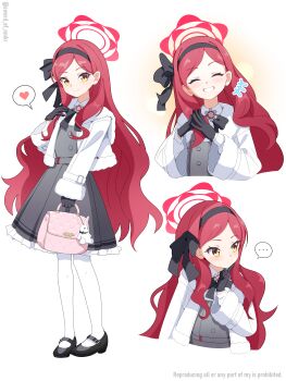 Rule 34 | 1girl, absurdres, bag, black bow, black bowtie, black gloves, black hairband, blue archive, blush, bow, bowtie, closed eyes, commentary, dress, fur-trimmed jacket, fur-trimmed sleeves, fur trim, gloves, grey dress, hair bow, hairband, halo, heart, highres, jacket, long hair, long sleeves, looking at viewer, mary janes, multiple views, murasame (sword of nmkr), pantyhose, pinafore dress, pink bag, red hair, red halo, ribbon, school uniform, shoes, skirt, sleeveless, sleeveless dress, smile, takane (blue archive), twitter username, very long hair, white jacket, white pantyhose, yellow eyes