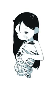 1girl creepy exposed_bone expressionless greyscale highres intestines long_hair monochrome nude organs original possummachine ribs simple_background sketch solo upper_body