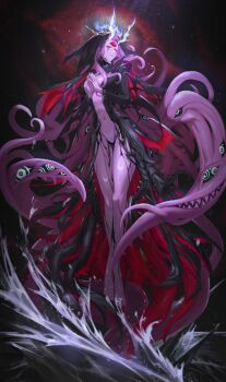 1girl absurdres alvin_(vier) aqua_eyes barefoot black_blood black_dress black_sclera black_tears blood breasts bridal_veil cleavage closed_eyes colored_sclera colored_skin commission crying dress eldritch_abomination extra_eyes extra_mouth floating full_body highres horns looking_to_the_side medium_breasts monster_girl navel no_pants ocean open_clothes open_dress original pink_hair pink_skin red_eyes sad solo space spikes star_(sky) steepled_fingers tentacle_hair tentacles veil waves