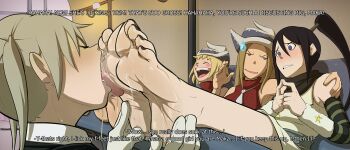 4girls absurdres barefoot black_hair blonde_hair closed_eyes couch elizabeth_thompson english_text feet feet_up femdom foot_focus foot_worship hat highres indoors kiryu_(pixiv44966832) laughing maka_albarn multiple_girls nakatsukasa_tsubaki nervous patricia_thompson ponytail saliva soul_eater tongue tongue_out twintails yuri