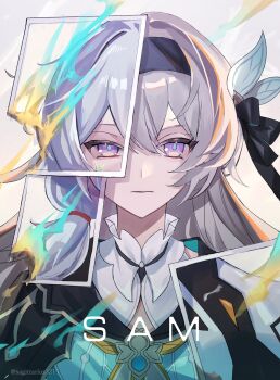 1girl black_hairband burning burning_photo closed_mouth collared_shirt cropped_jacket fire firefly_(honkai:_star_rail) grey_hair hair_between_eyes hair_ornament hair_ribbon hairband highres honkai:_star_rail honkai_(series) kukatsuma long_hair looking_at_viewer multicolored_eyes photo_(object) ribbon scar scar_on_face shirt simple_background two-tone_eyes upper_body