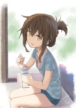 1girl alternate_costume blue_shirt bottle breasts brown_hair casual commentary_request errant female_focus folded_ponytail highres holding holding_bottle inazuma_(kancolle) kantai_collection long_hair looking_at_viewer looking_to_the_side shirt short_shorts short_sleeves shorts sitting small_breasts solo sweat yellow_eyes