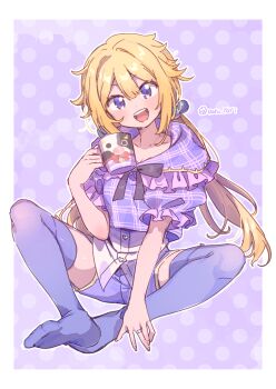 Rule 34 | 1girl, :d, black bow, black bowtie, blonde hair, blush, border, bow, bowtie, breasts, cleavage, collarbone, commentary request, cup, dot nose, double-parted bangs, full body, hair between eyes, highres, holding, holding cup, long hair, looking at viewer, magia record: mahou shoujo madoka magica gaiden, mahou shoujo madoka magica, mitsuki felicia, no shoes, open mouth, outline, outside border, plaid clothes, plaid shirt, purple eyes, purple shirt, purple shorts, purple thighhighs, serizawa serizane, shirt, short shorts, short sleeves, shorts, sitting, smile, solo, spread legs, thighhighs, twitter username, v-shaped eyebrows, white border, white outline
