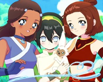 3girls avatar:_the_last_airbender avatar_legends black_hair blind blue_collar blue_eyes blue_gloves breasts brown_hair collar dark-skinned_female dark_skin detached_sleeves fingerless_gloves gloves green_hairband hair_between_eyes hair_bun hairband hand_on_own_hip hydrokinesis katara medium_breasts midriff momo_(avatar) multiple_girls open_mouth retro_artstyle single_hair_bun sleeves_past_wrists small_breasts smile suki_(avatar) toph_beifong vampire_valentine water