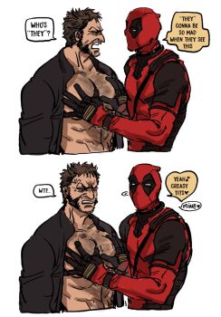 2boys abs anger_vein beard bodysuit brown_hair chest_hair deadpool deadpool_&amp;_wolverine deadpool_(series) english_text facial_hair fourth_wall gloves hashtag-only_commentary highres jacket large_pectorals looking_at_another looking_at_viewer male_focus marvel marvel mcbuckwheat multiple_boys muscular muscular_male open_mouth pectoral_grab pectorals red_bodysuit red_mask short_hair speech_bubble superhero_costume teeth wolverine_(x-men) x-men yaoi