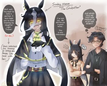absurdres animal_ears black_hair commentary ear_tag english_commentary highres horse_ears horse_girl long_bangs manhattan_cafe_(umamusume) mikairu_heven necktie original personification real_life sharp_teeth smile sunday_silence_(racehorse) teeth trainer_(umamusume) umamusume umamusume_horse_relations white_hair